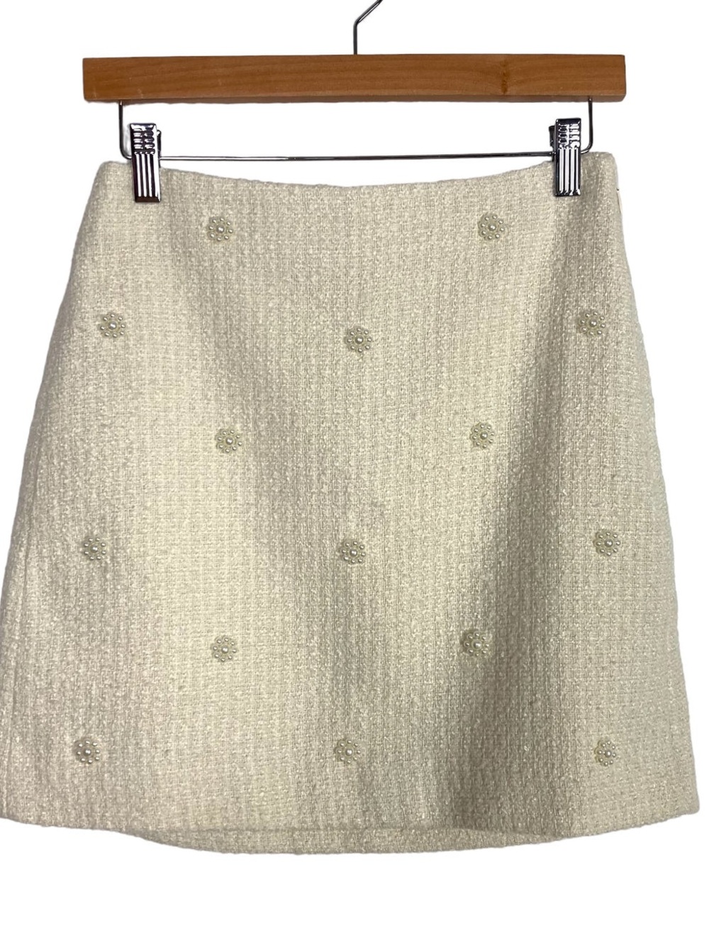 LOFT Ivory Tweed Pearl Embellished A-Line Mini Skirt Size 0 Petite